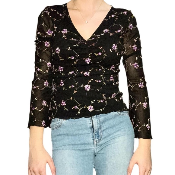 Tops - Black Sheer Bell Sleeve Top with Purple Embroidered Flowers